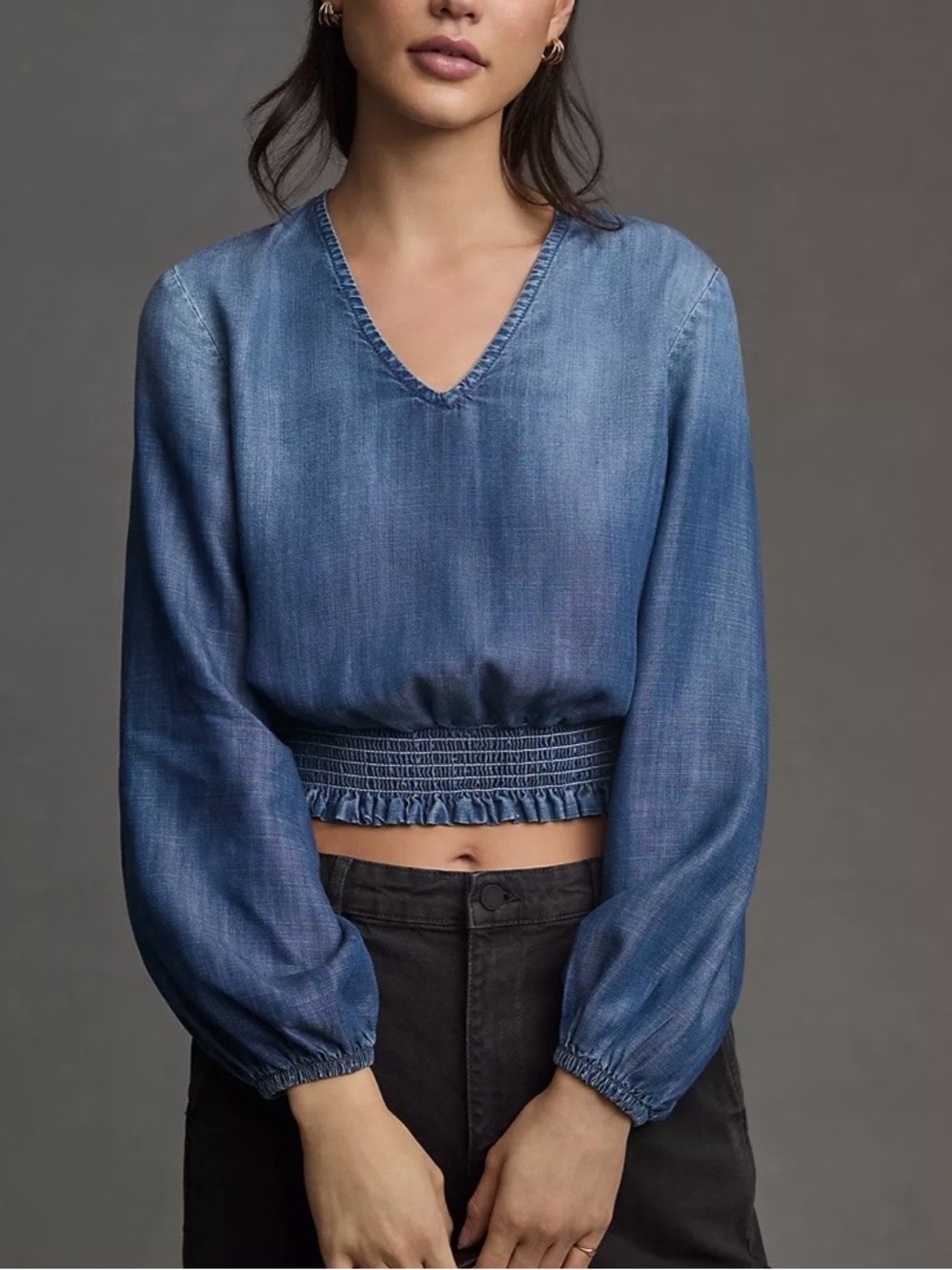 Cloth & Stone Chambray Smocked Waist Crop Top Boho Blue Size S Coastal Cowgirl
